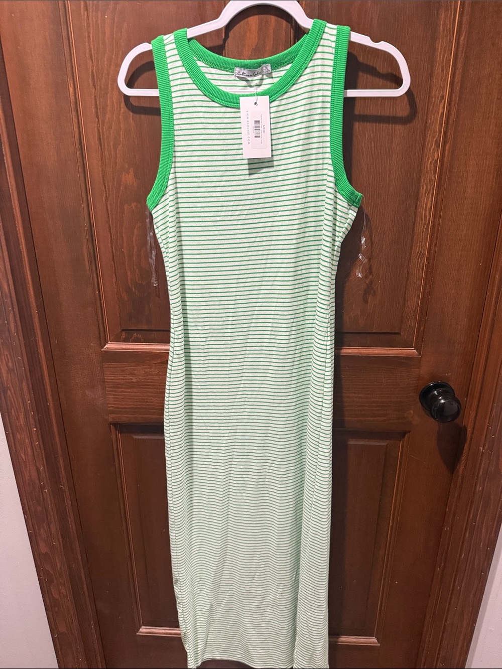 Sleeveless Light Green Striped Maxi Dress with Bright Green Trim